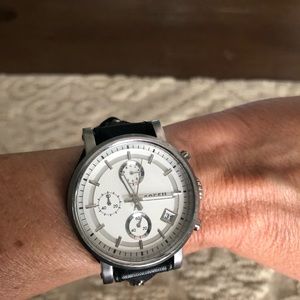 Fossil watch with black leather band
